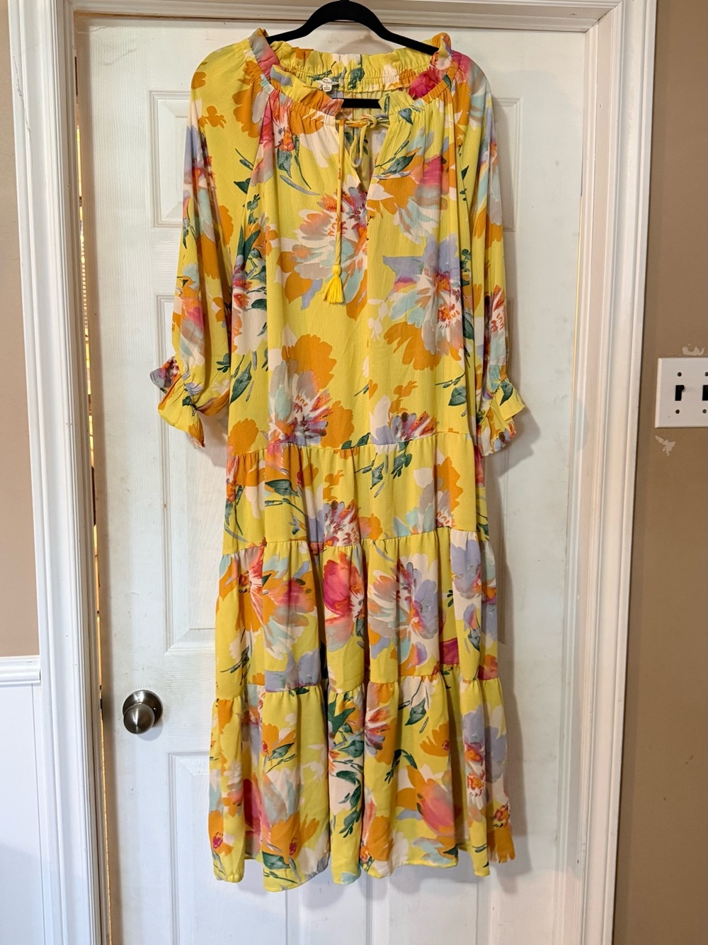 easel Yellow Floral Tiered Maxi Dress with Tassel Tie - Picture 3 of 9